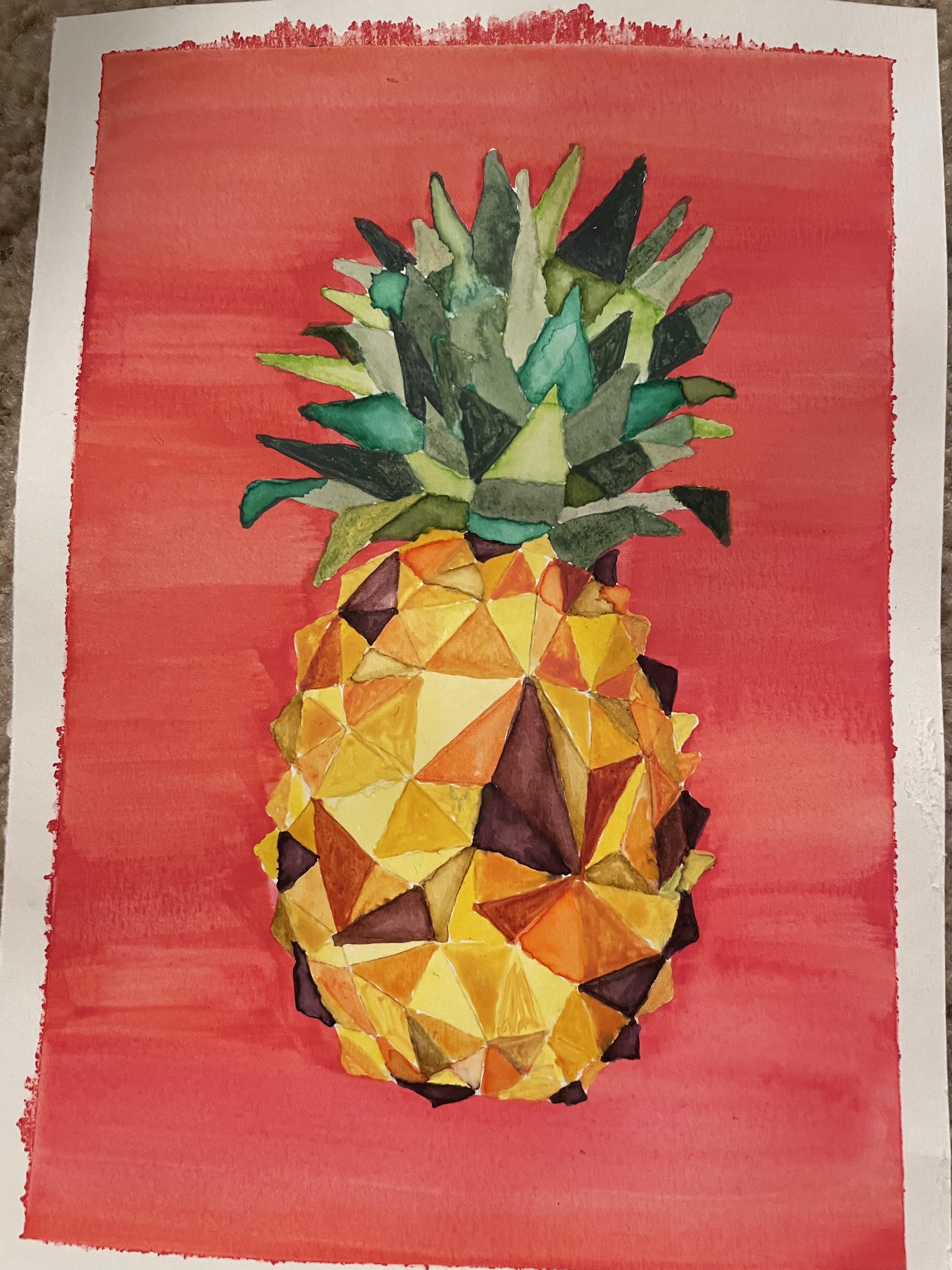 A watercolor pineapple made of multicolored polygons